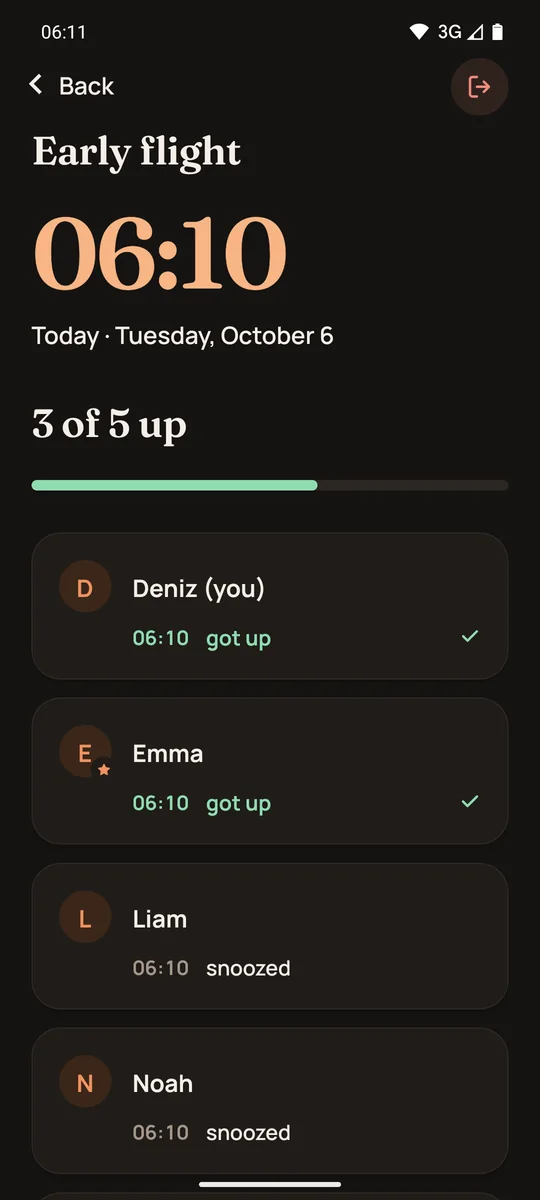 An event’s page: the time and everyone in it, with who got up and who snoozed.