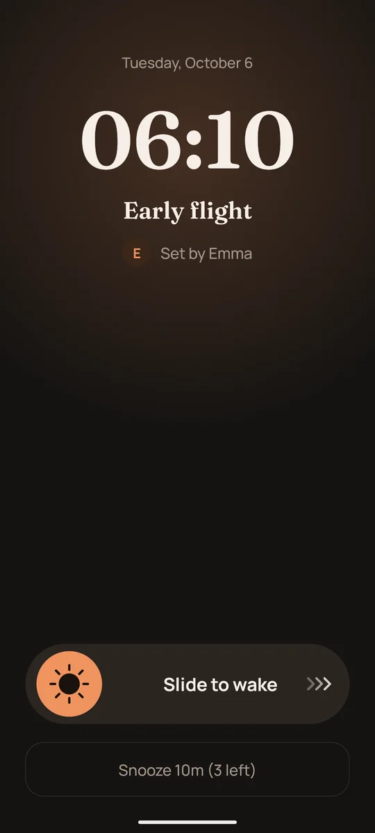 An AllBell alarm ringing: the time, the event’s name, who set it and the I’m up button.